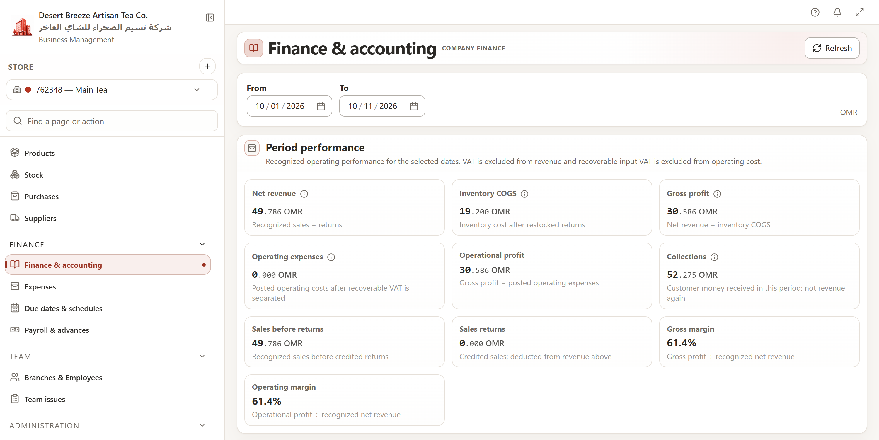 RACOPAES finance and accounting workspace with financial metrics and transaction records