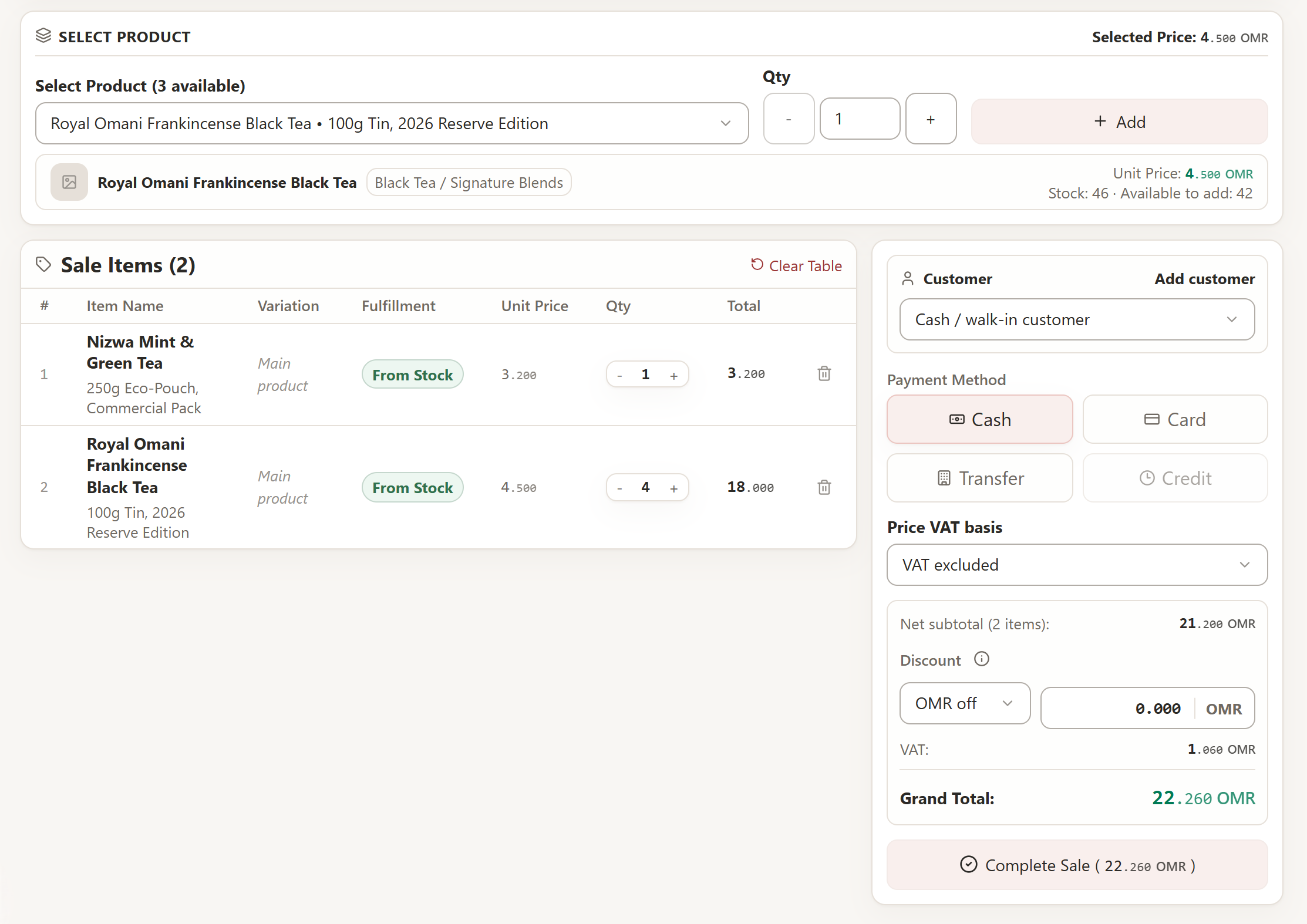 Full RACOPAES point-of-sale workspace showing product selection and checkout